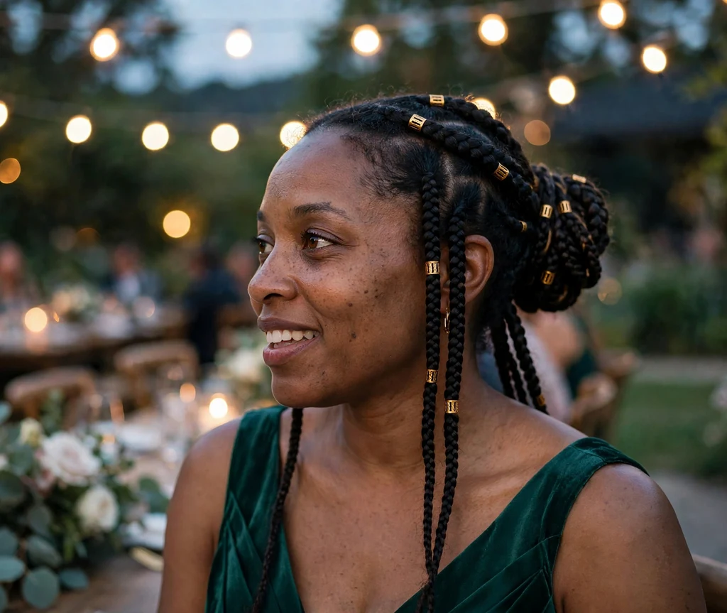 Bridesmaid with a braided bun decorated with gold cuffs at an outdoor evening wedding
