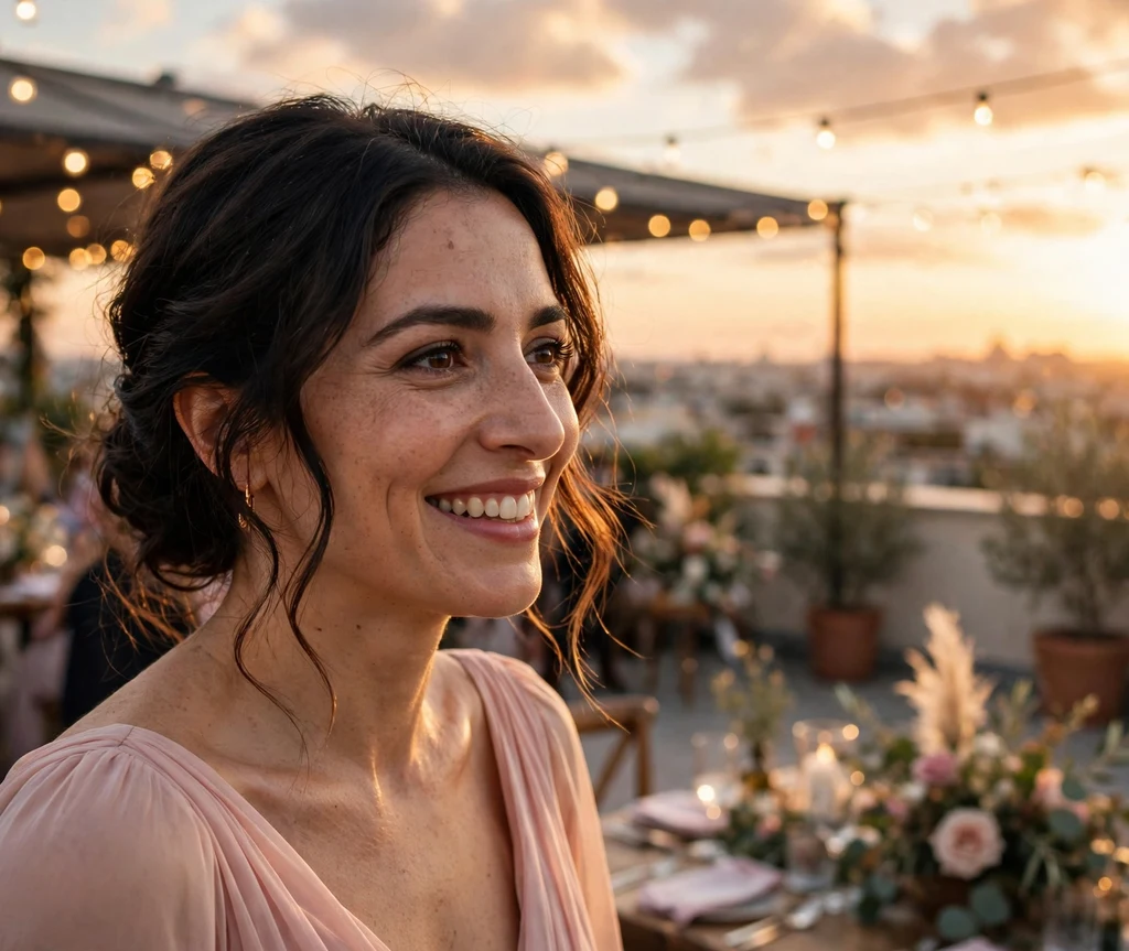 Bridesmaid with a soft wavy low updo at a rooftop wedding at sunset