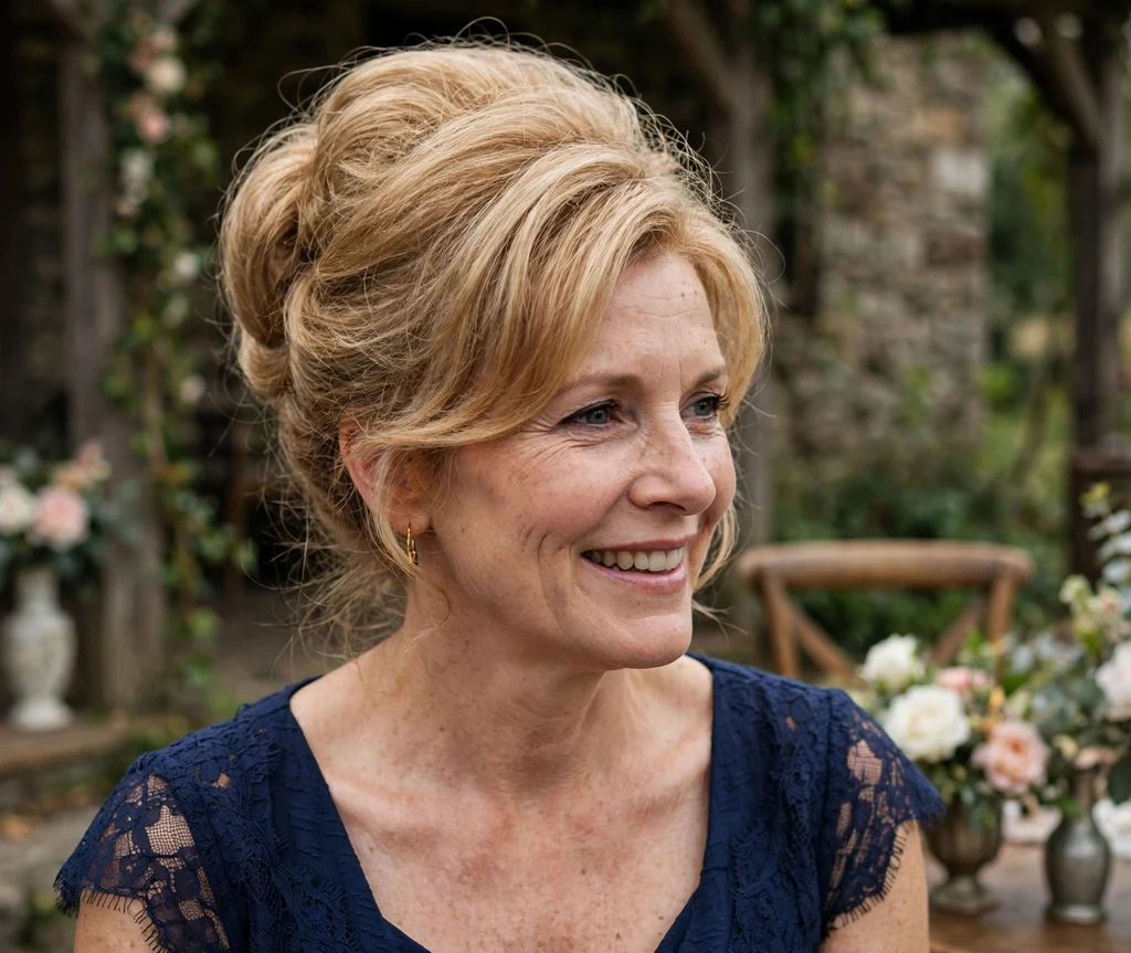 Bridesmaid with a classic beehive updo at a vintage-style wedding