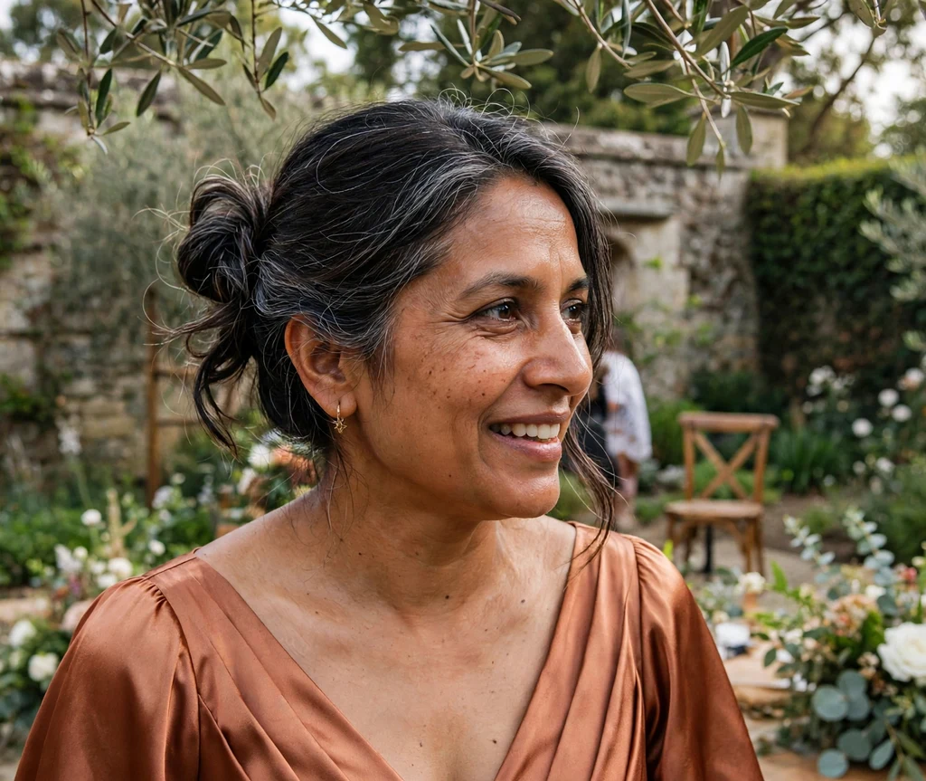 Bridesmaid with an asymmetrical twisted bun at a heritage garden wedding