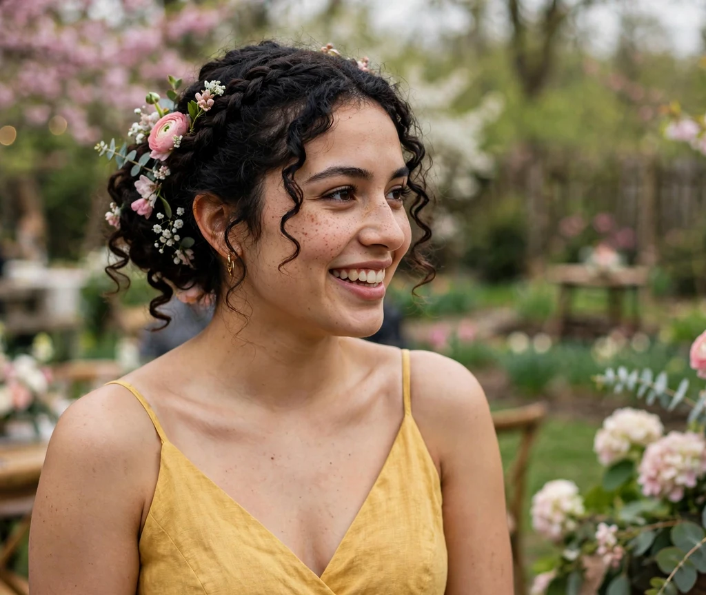 Bridesmaid with a floral braided chignon at a spring garden wedding