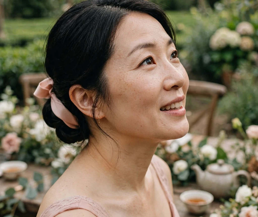 Bridesmaid with a low roll updo and satin ribbon accent at a tea-garden wedding