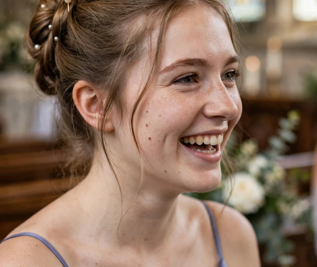 Bridesmaid with a pearl-pinned twist updo at a church wedding