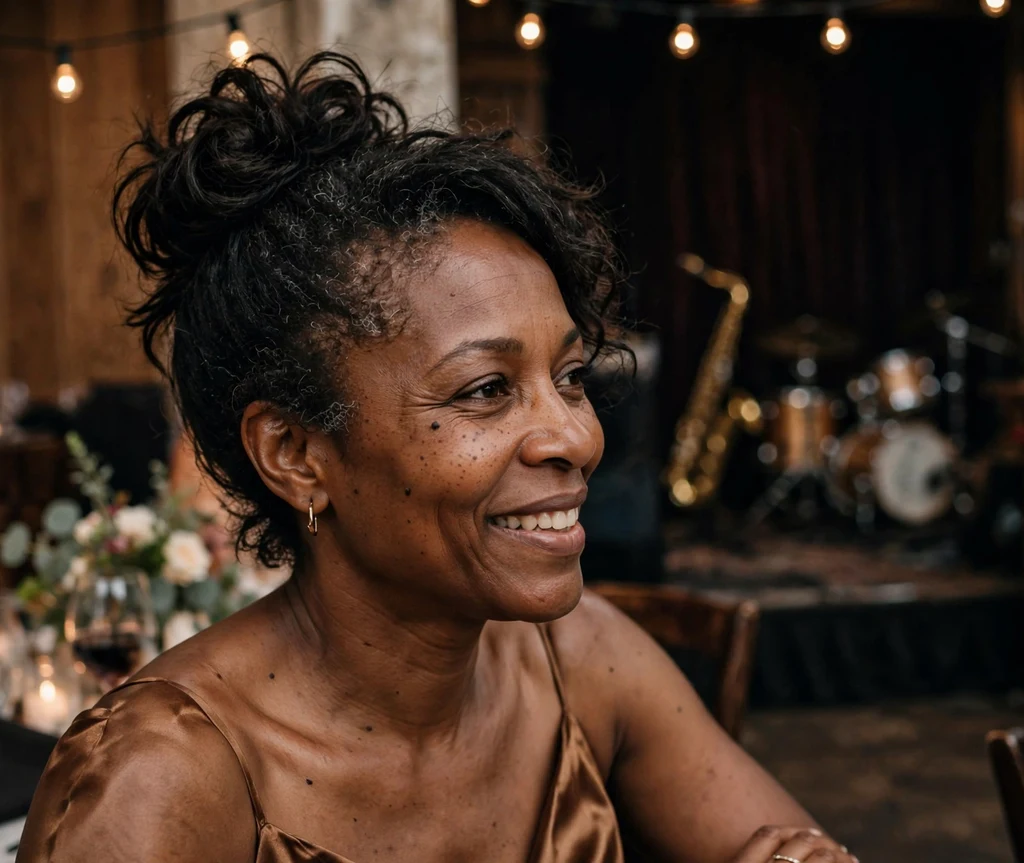 Bridesmaid with an elegant tousled top bun at a jazz-club wedding reception
