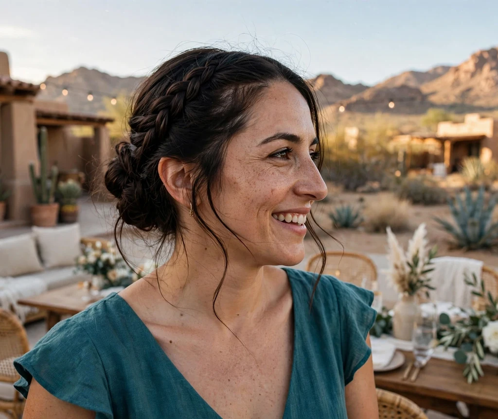 Bridesmaid with a side French braid swept into a bun at a desert-resort wedding