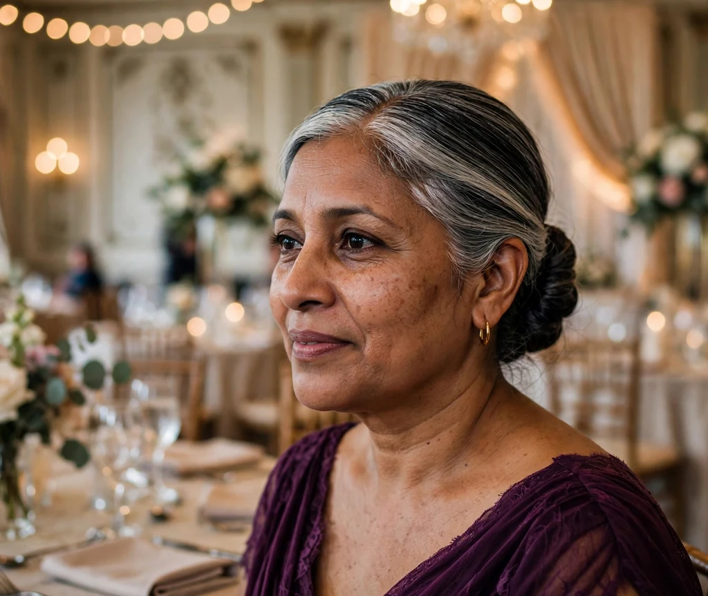 Bridesmaid with a polished low bun and middle part at an elegant ballroom wedding