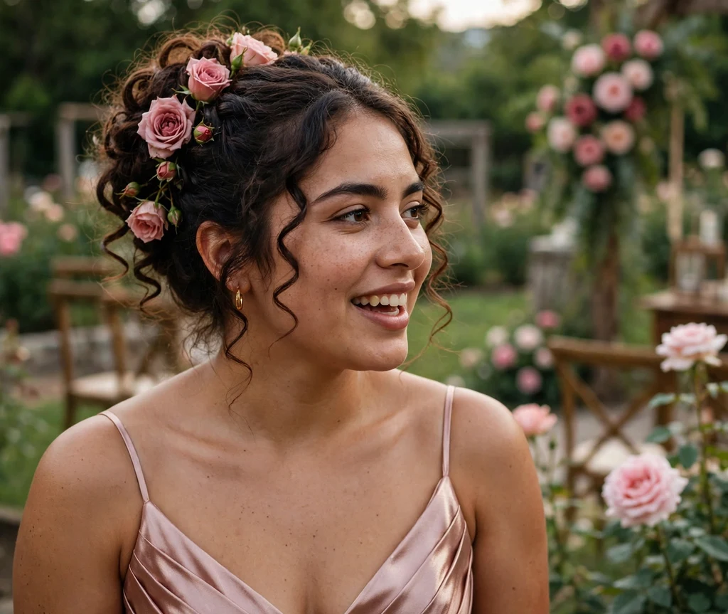 Bridesmaid with a rose-curl updo at a rose-garden wedding