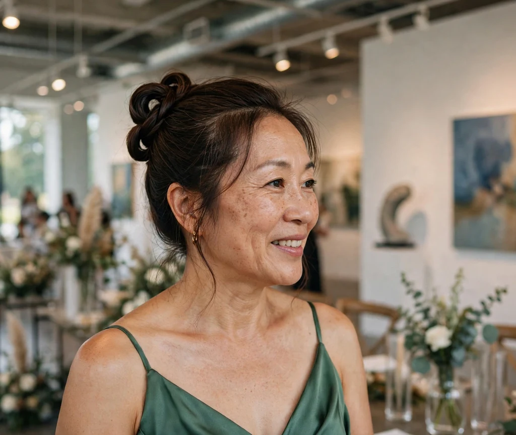Bridesmaid with an infinity knot updo at a modern art-gallery wedding