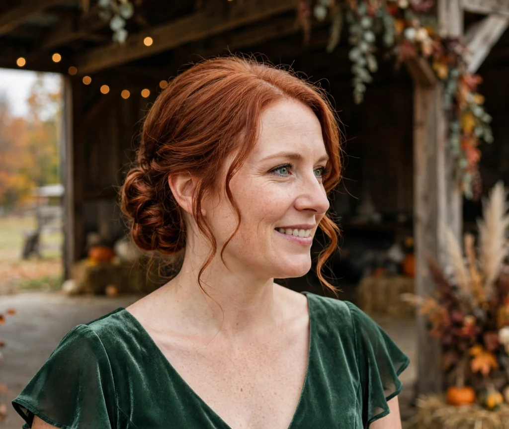 Bridesmaid with a soft curled low chignon at an autumn barn wedding