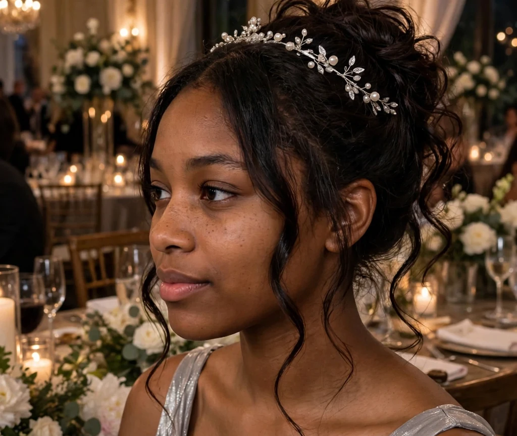 Bridesmaid with a tiara updo at an evening ballroom wedding