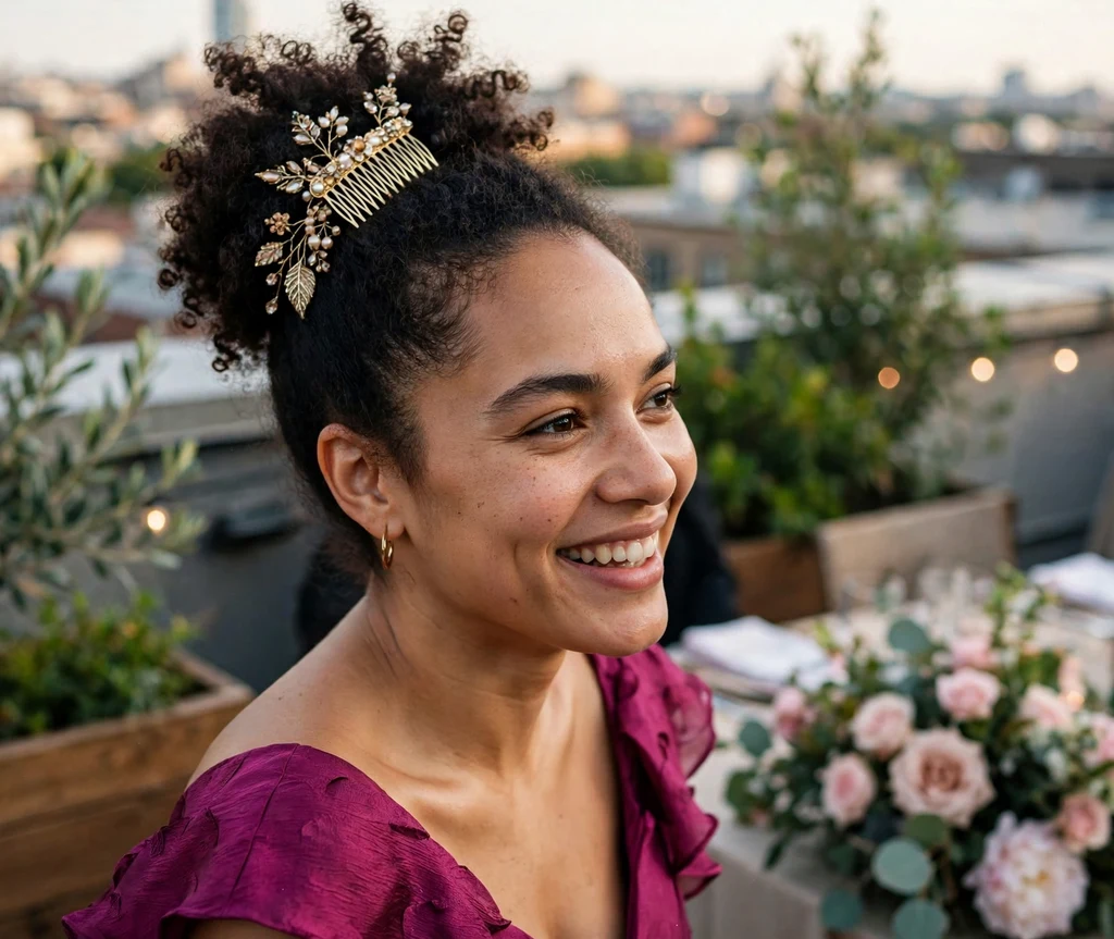 Bridesmaid with a high puff bun and jeweled comb at a rooftop wedding