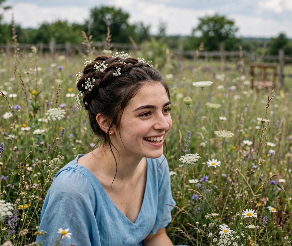 Bridesmaid with a twisted crown updo and baby's breath at a wildflower meadow wedding