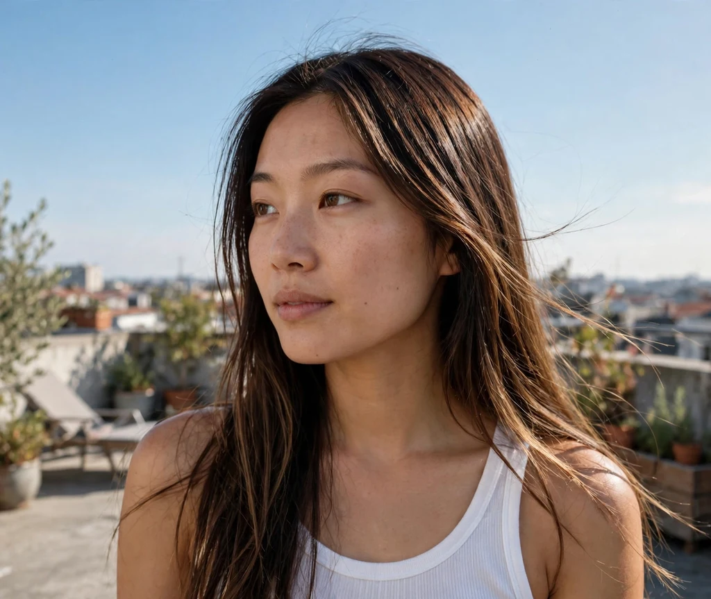 Woman with sun-kissed chocolate balayage on a rooftop terrace