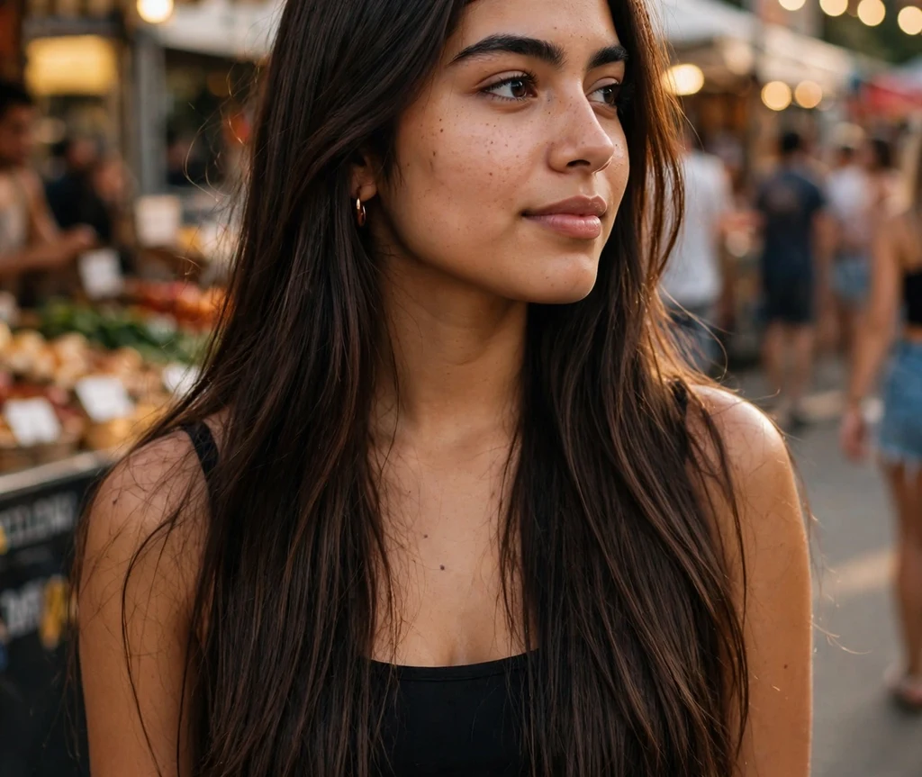 Woman with long espresso-brown glossy straight hair at a festival