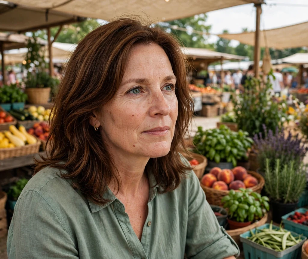Woman with chestnut-brown layered shoulder-length hair at a farmers market