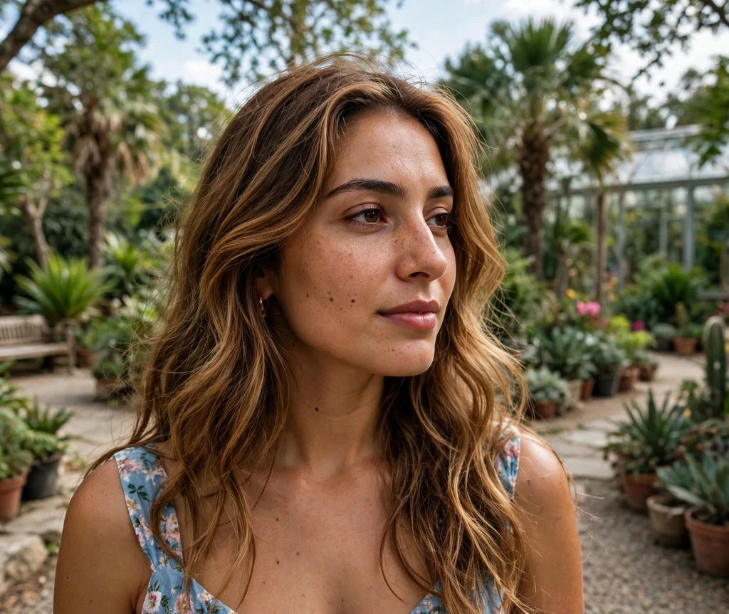 Woman with long honey brunette melted waves in a garden