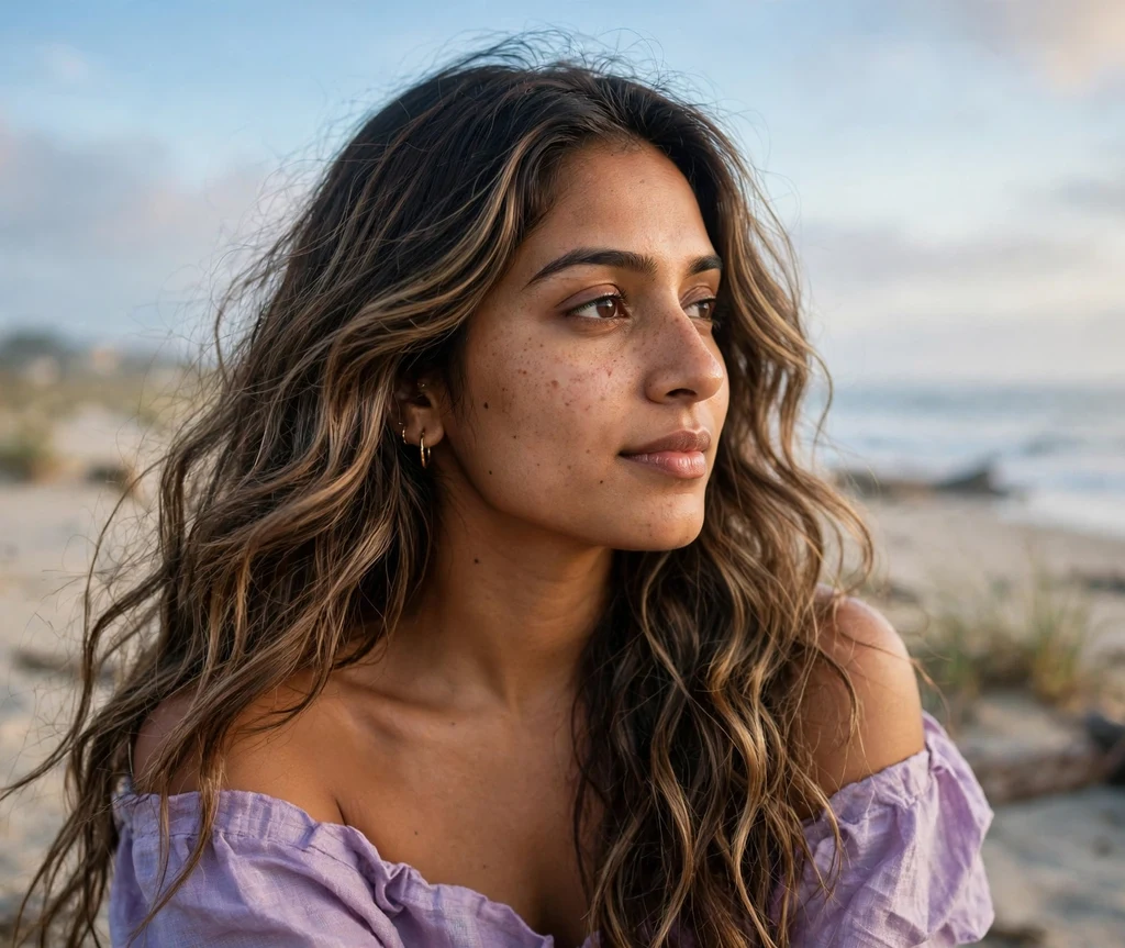 Woman with long mocha swirl balayage waves on a beach