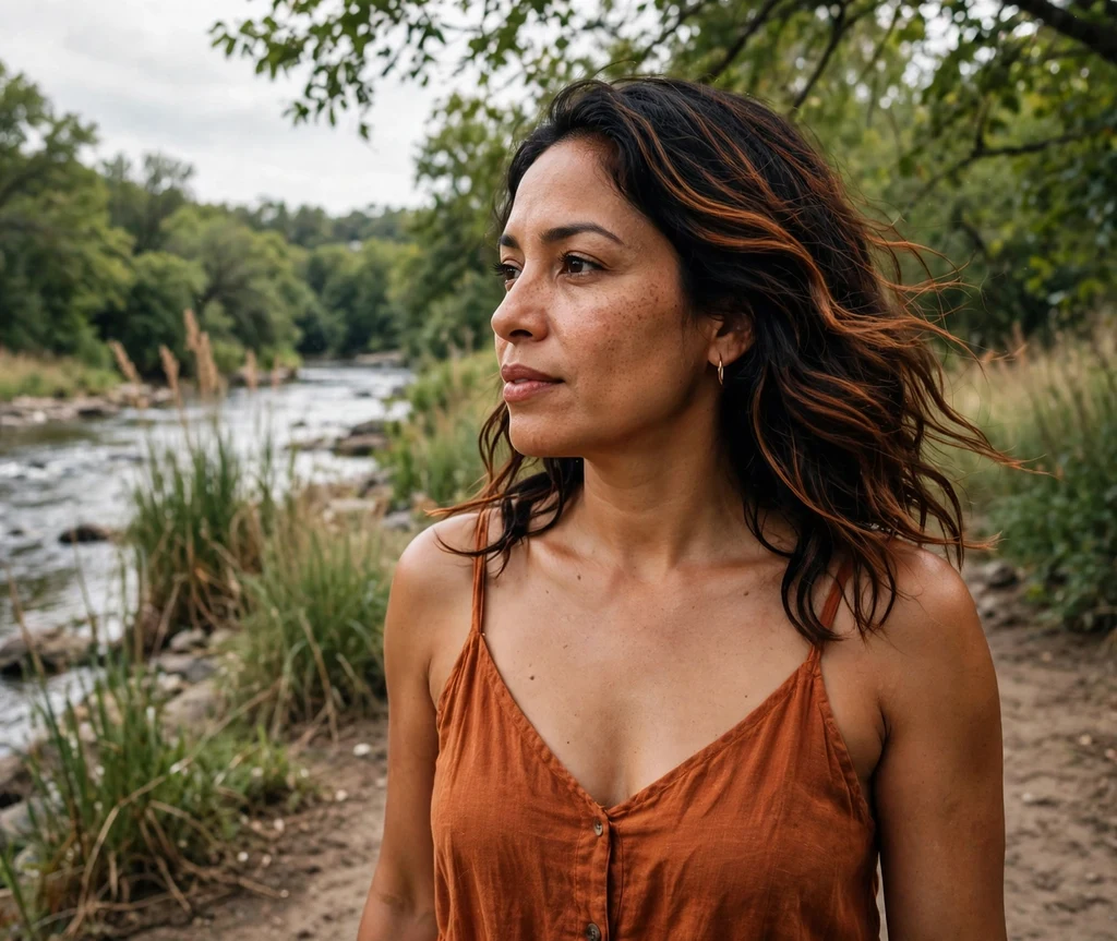Woman with dark wavy hair with cinnamon spice highlights on a riverside