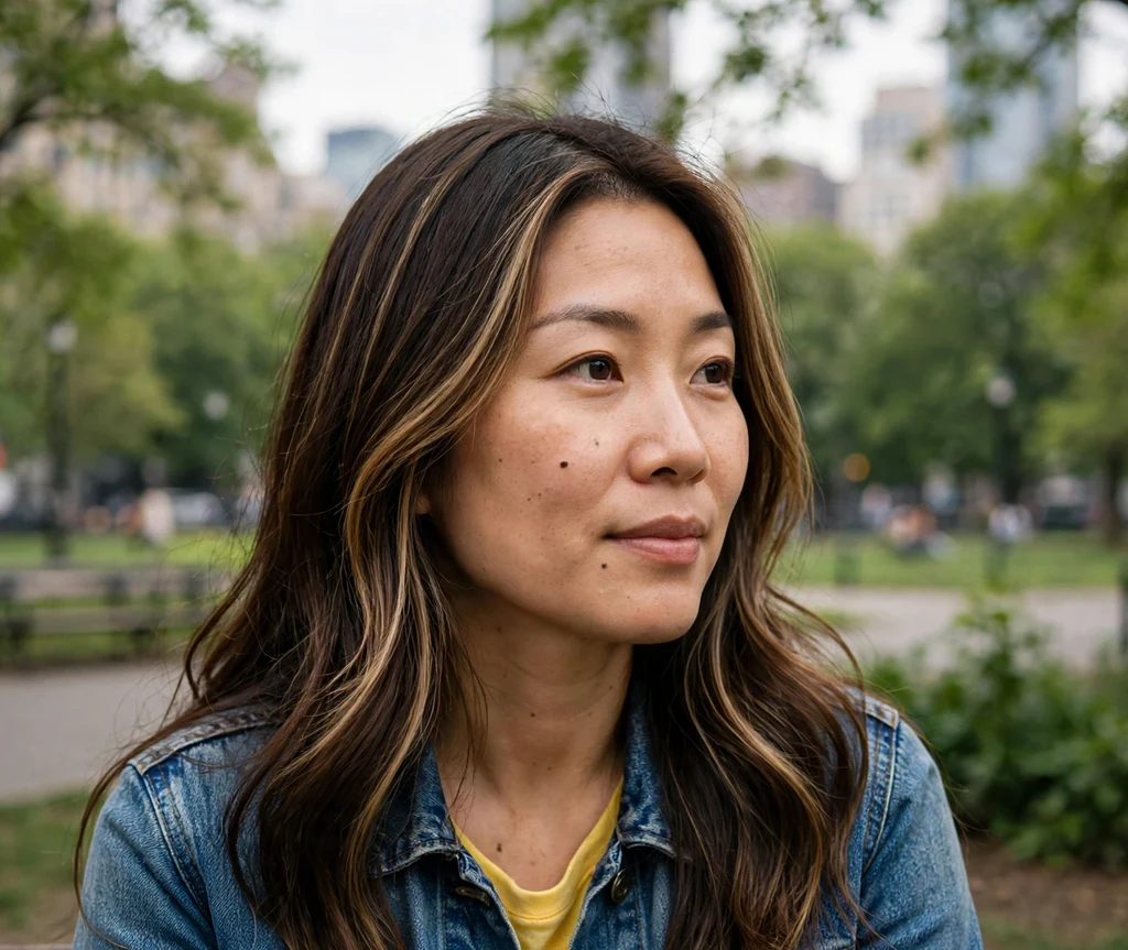 Woman with bronzed face-framing money piece highlights in a city park