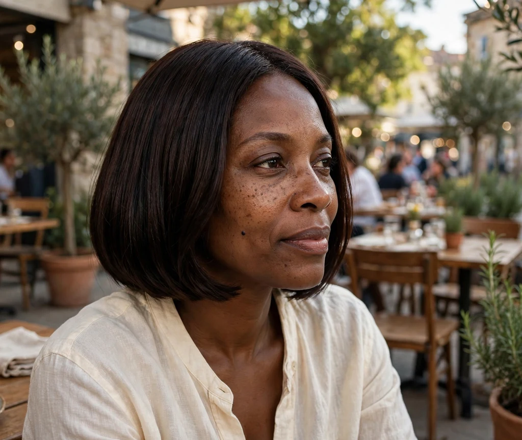Woman with a dark chocolate glossy bob at an outdoor cafe