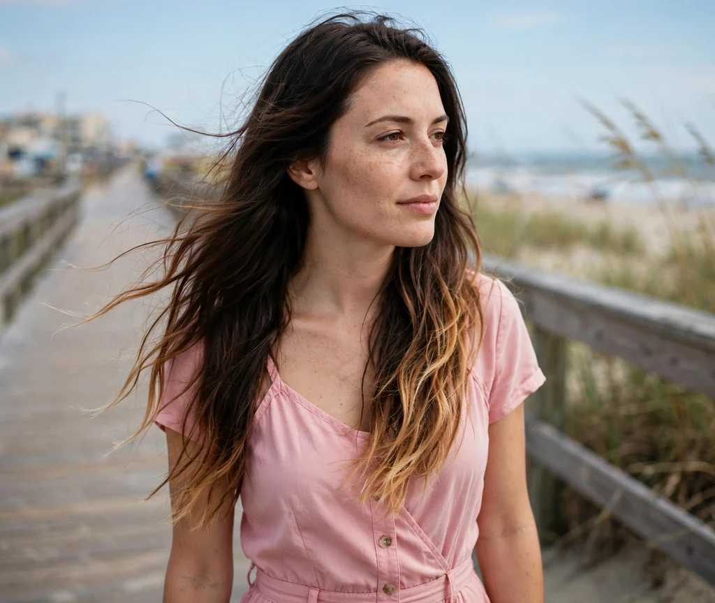 Woman with long dark hair with toffee tinted ends on a boardwalk
