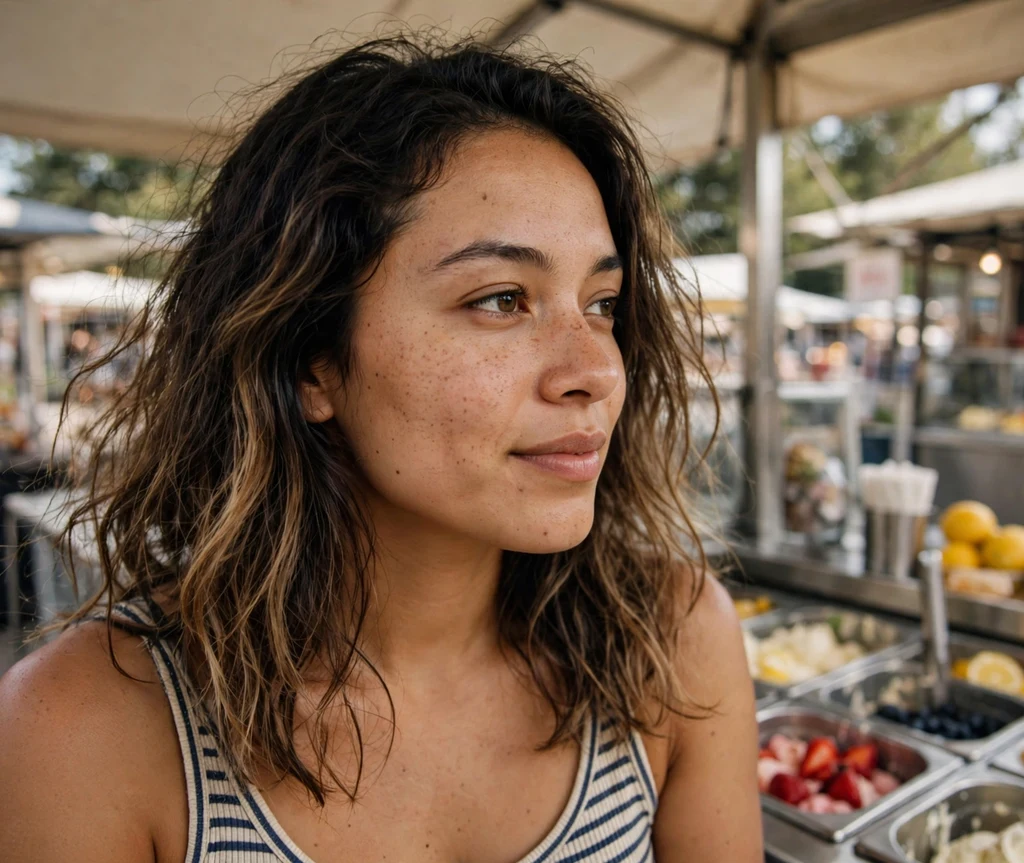 Woman with espresso root smudge melting into lighter ends at an ice cream stand