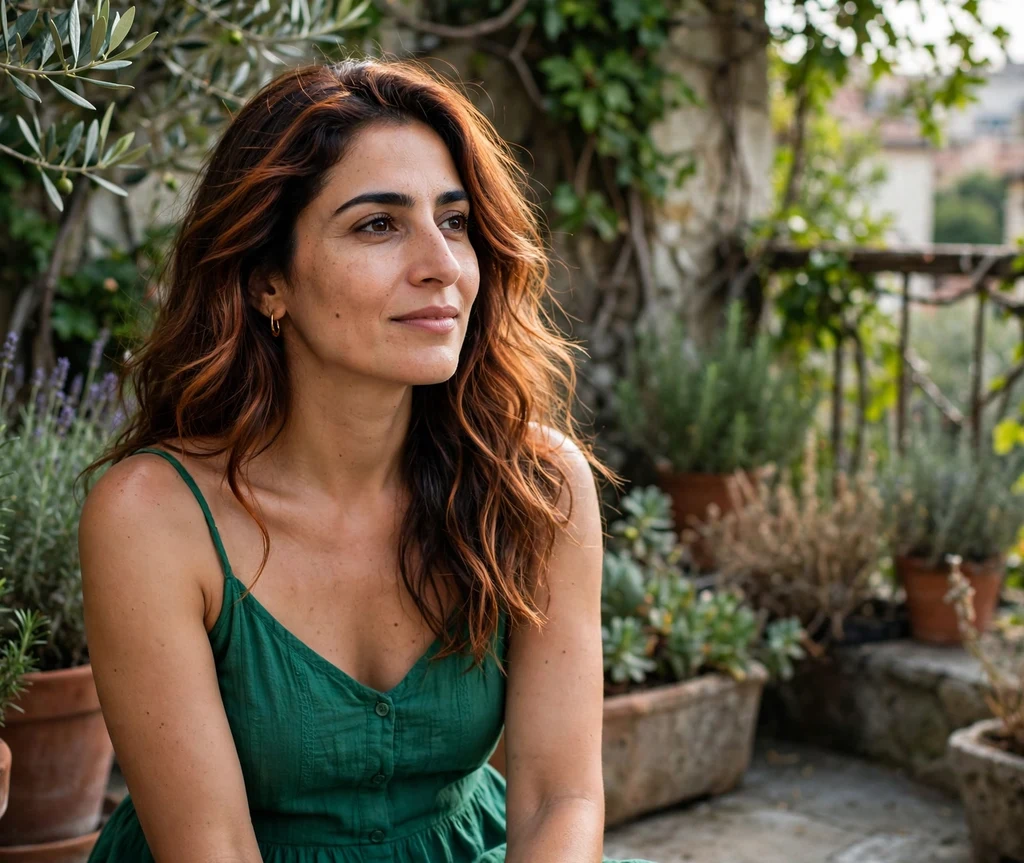 Woman with copper-kissed brunette waves in a terrace garden