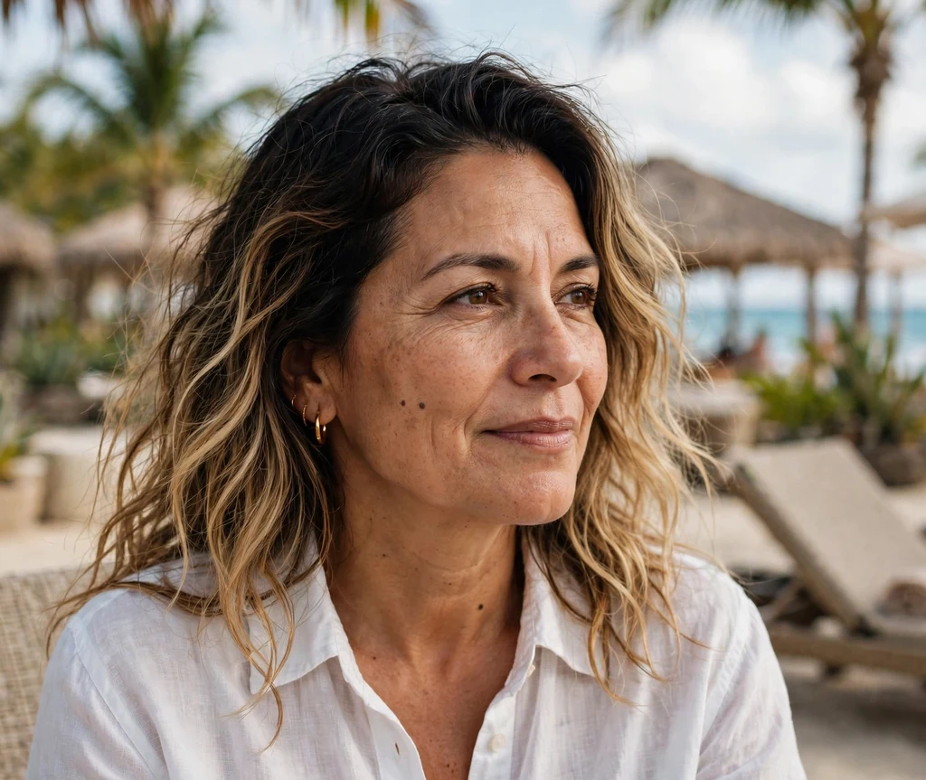 Woman with dark roots and toasted coconut blonde ends at a beach resort