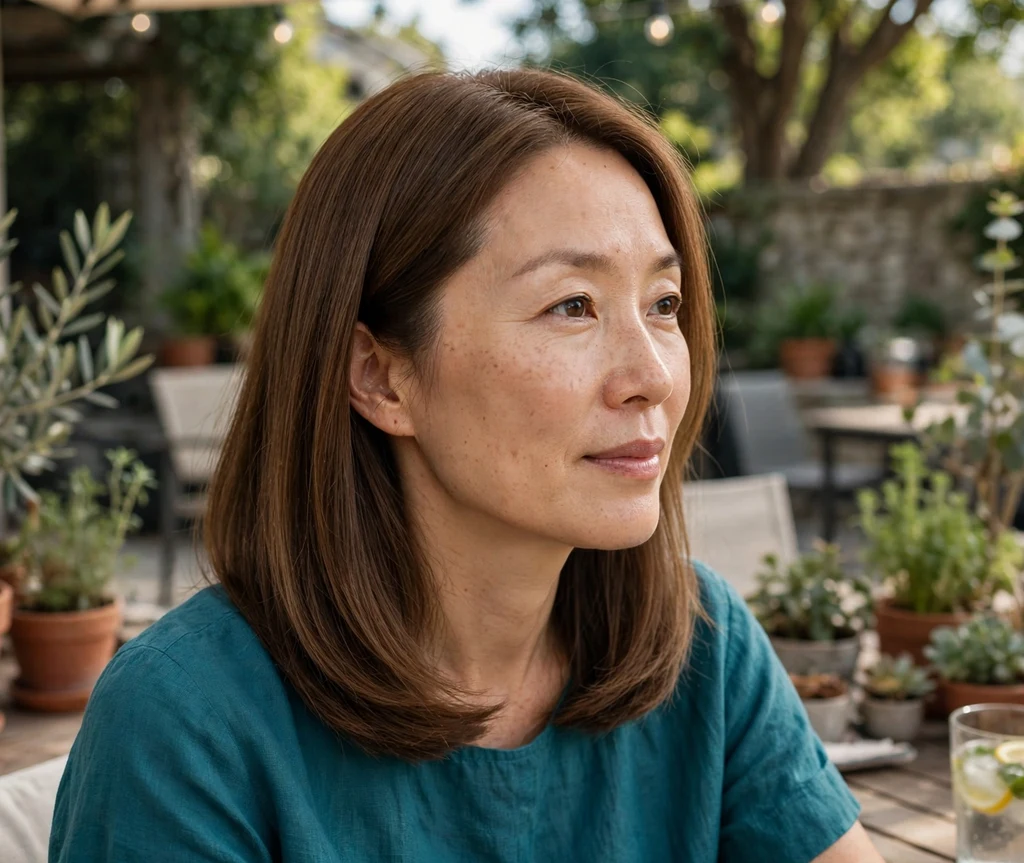 Woman with hazelnut-brown sleek shoulder-length hair on a summer patio