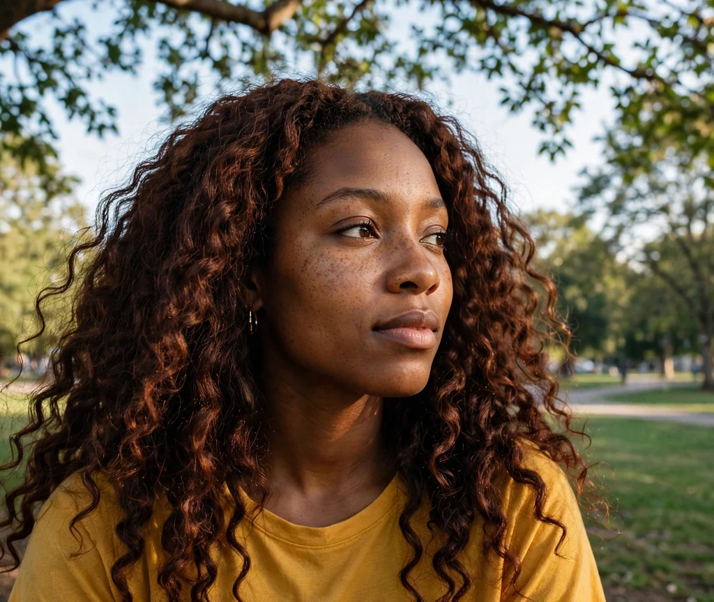 Woman with mahogany-tinted natural curls in a park