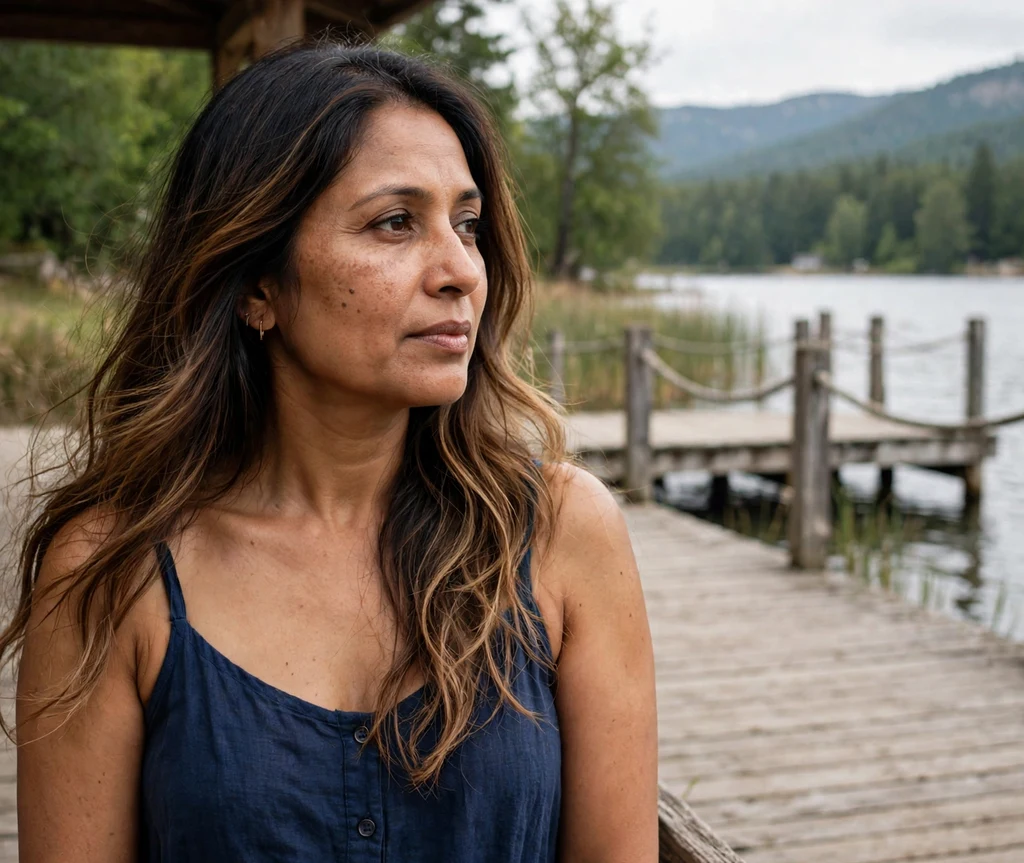 Woman with cold brew ombré long hair on a lakeside pier