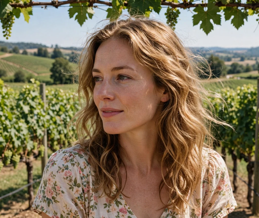 Woman with golden brown sunlit waves in a summer vineyard