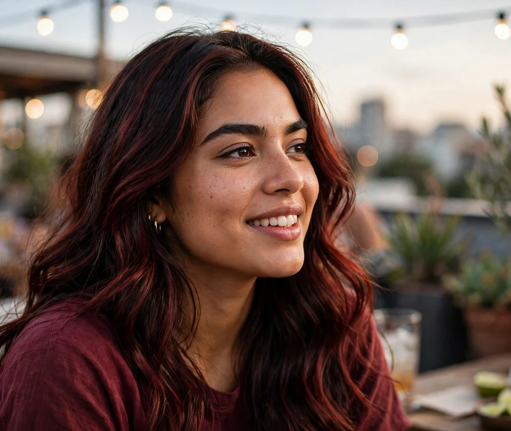 Woman with cherry cola brunette long hair at a rooftop party