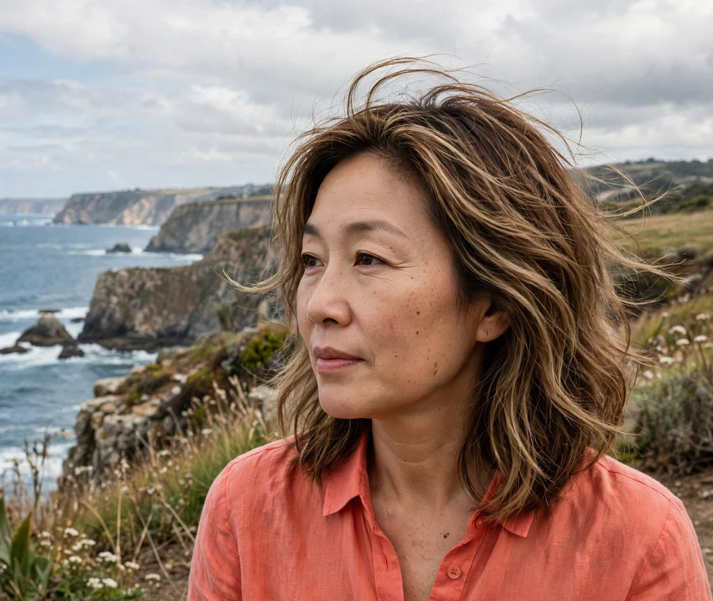 Woman with sandy brunette highlighted shoulder-length hair at a seaside cliff