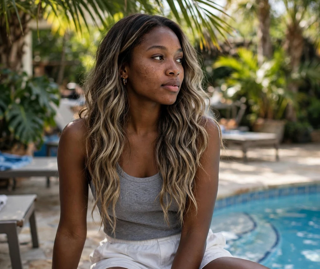 Woman with iced mocha balayage long wavy hair at a poolside