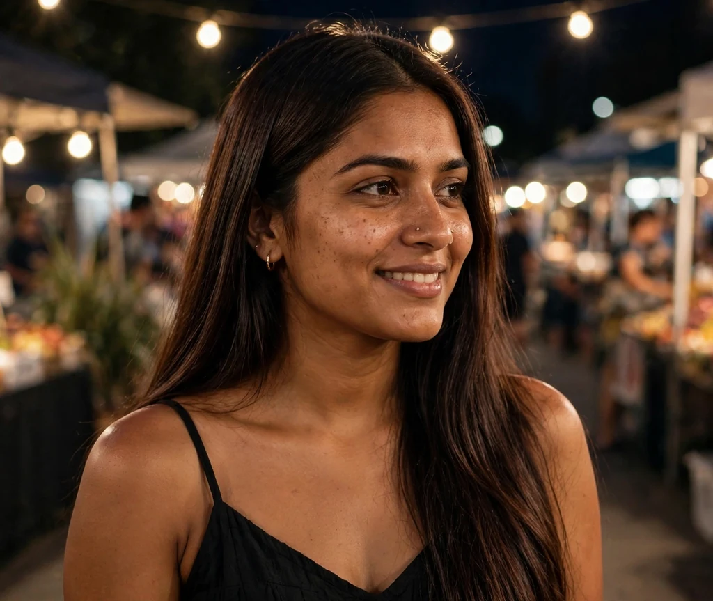 Woman with cola-brown glossy long straight hair at a summer night market