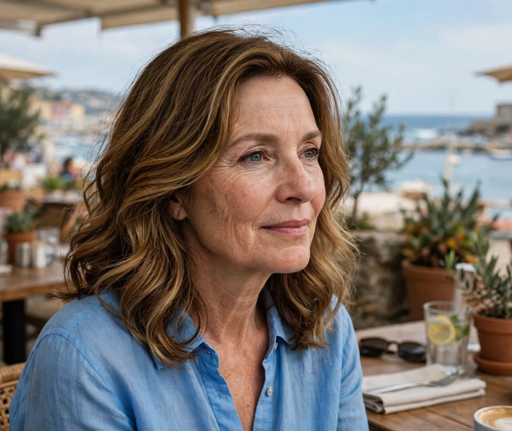 Woman with buttered toffee brunette soft waves at a coastal cafe
