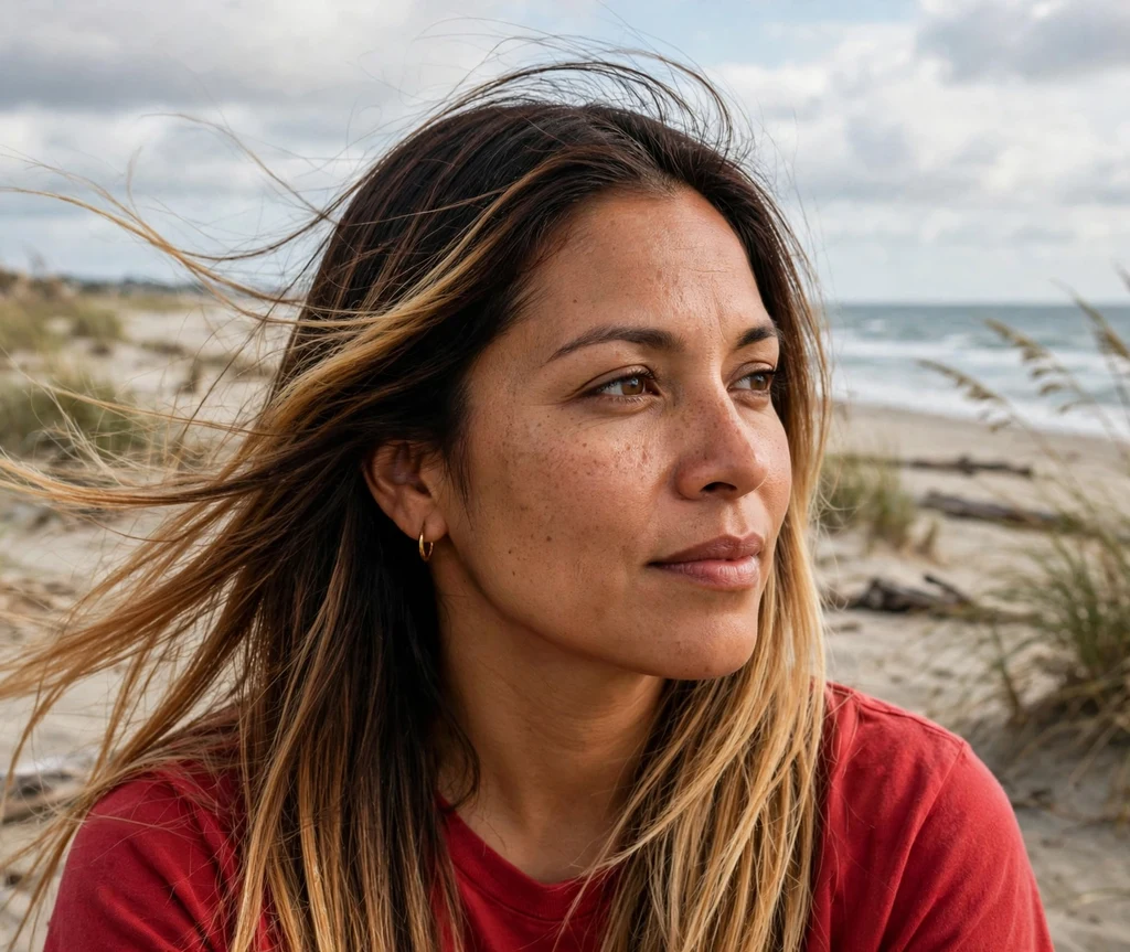 Woman with dark roots and bright caramel ends on a breezy beach