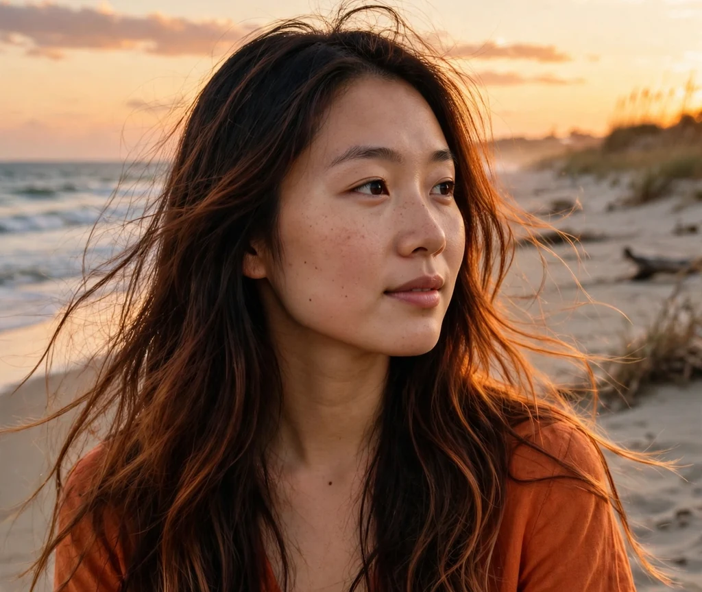 Woman with sunset brunette ombré long hair on a beach at sunset