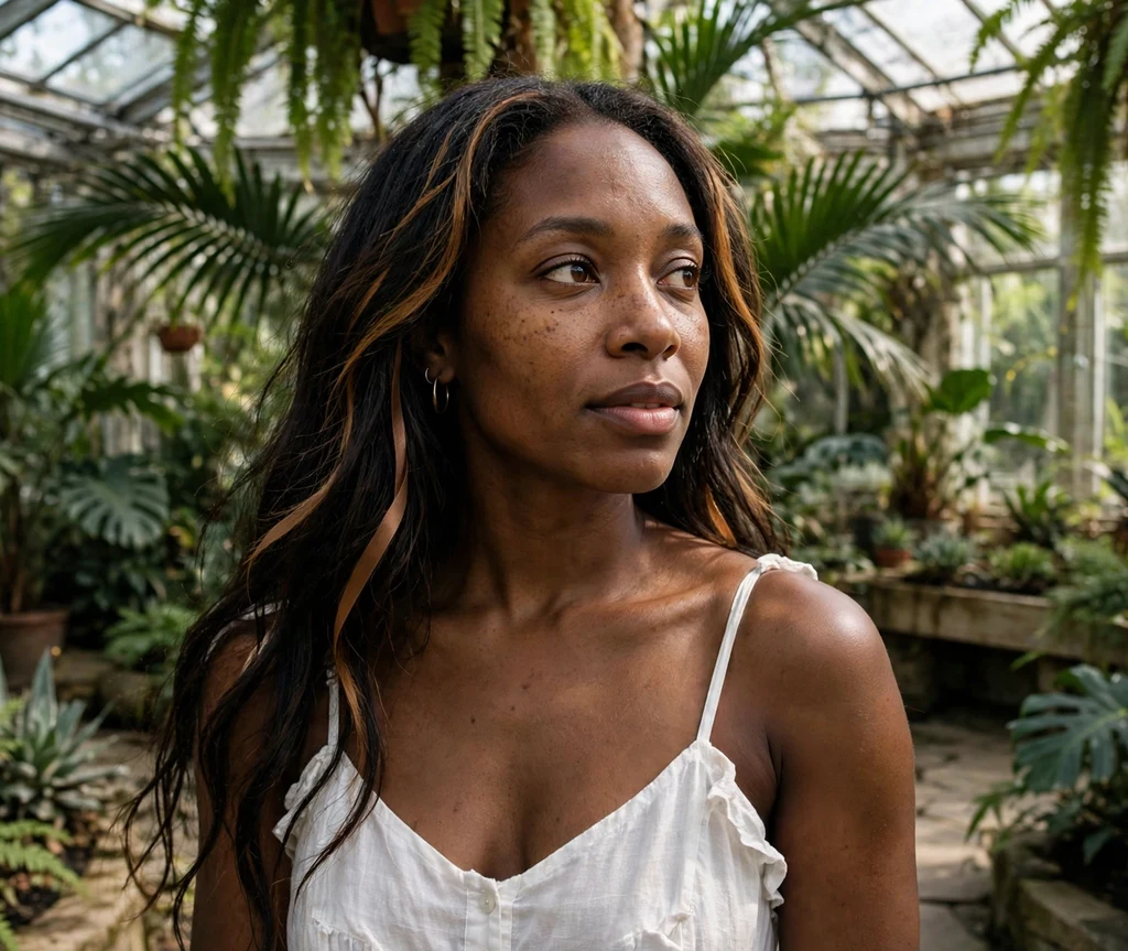 Woman with caramel ribbon highlights in long dark hair in a conservatory