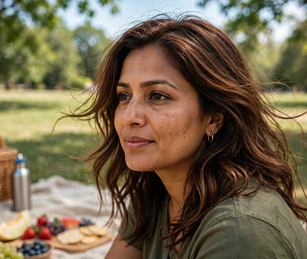 Woman with nutty chestnut glossy hair at a summer picnic