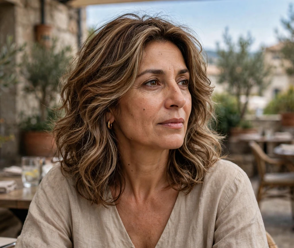 Woman with cappuccino swirl colored layered hair at a terrace cafe