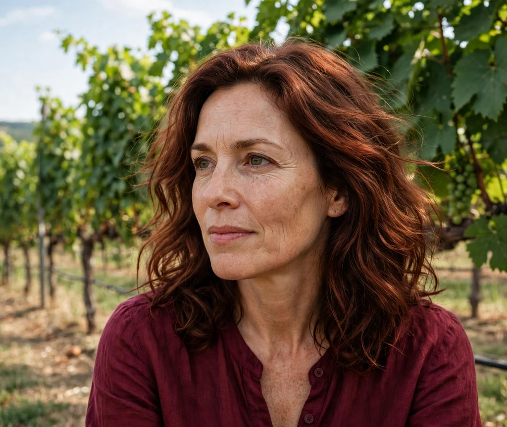 Woman with cocoa hair with a reddish tint in a summer vineyard