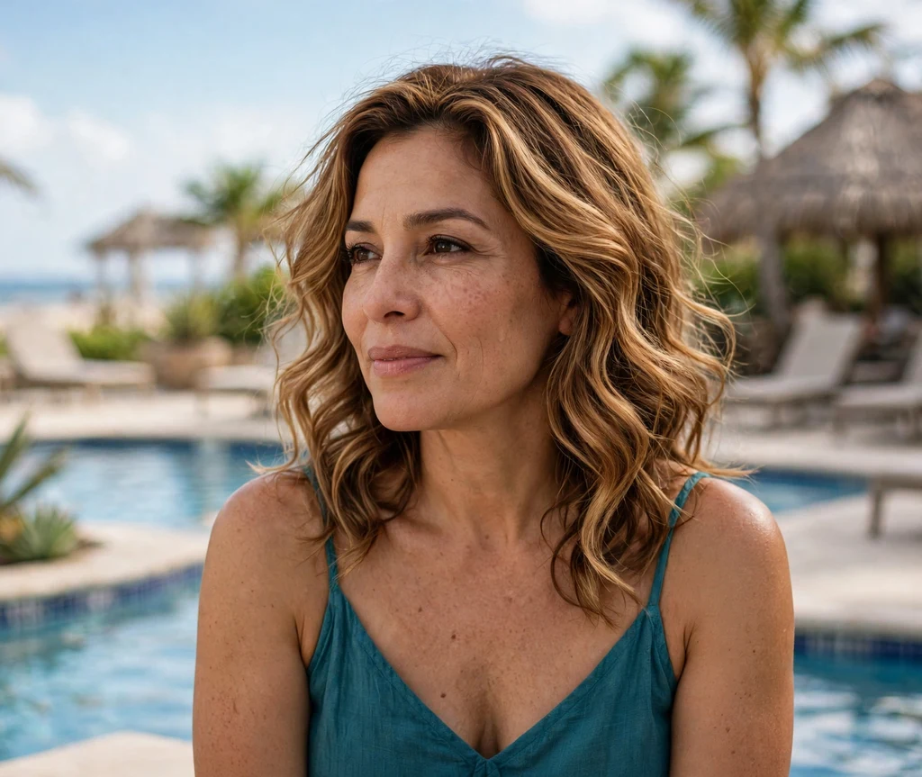 Woman with golden espresso waves at a beach resort pool