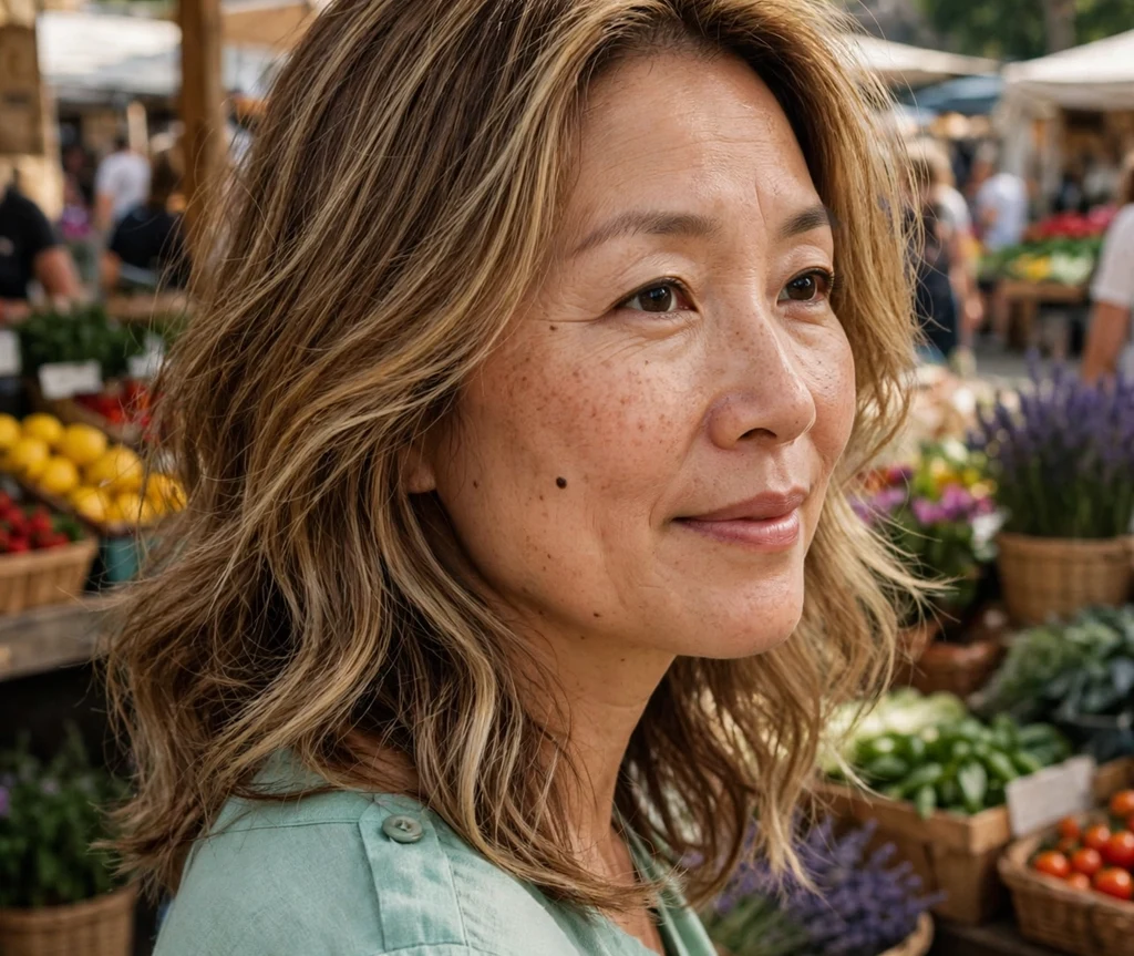 Woman with warm bronde brunette blend shoulder-length hair at a market