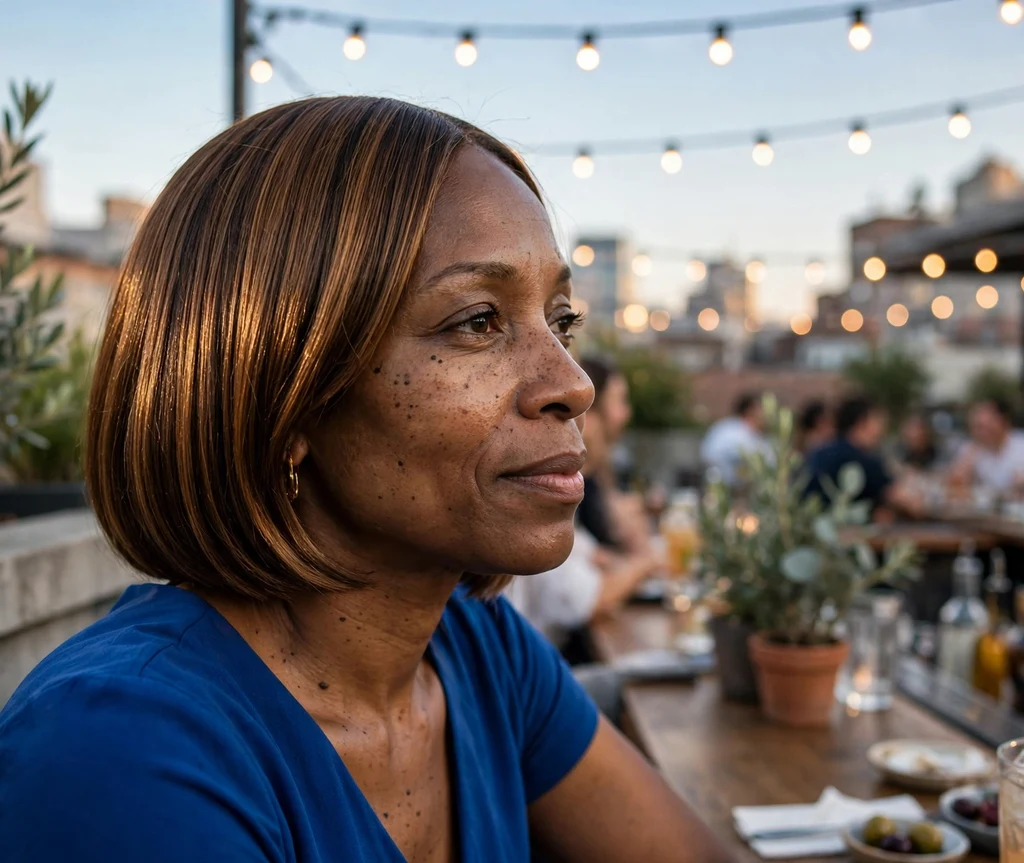 Woman with a bronze godiva gloss sleek bob at a rooftop bar