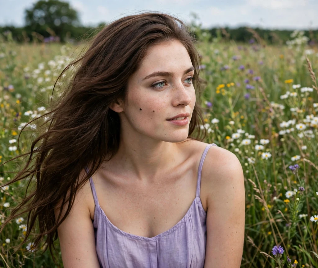 Woman with smoky cocoa brunette long hair in a flower field