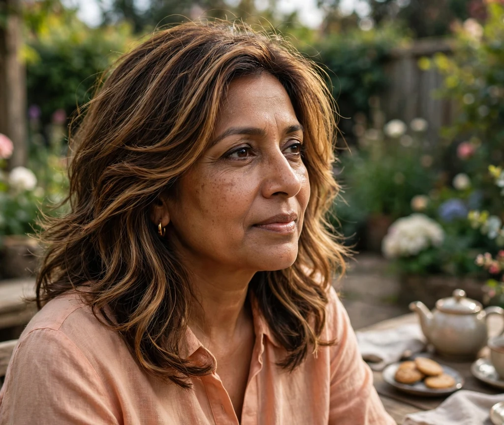 Woman with honeycomb brunette highlighted layers at a garden tea