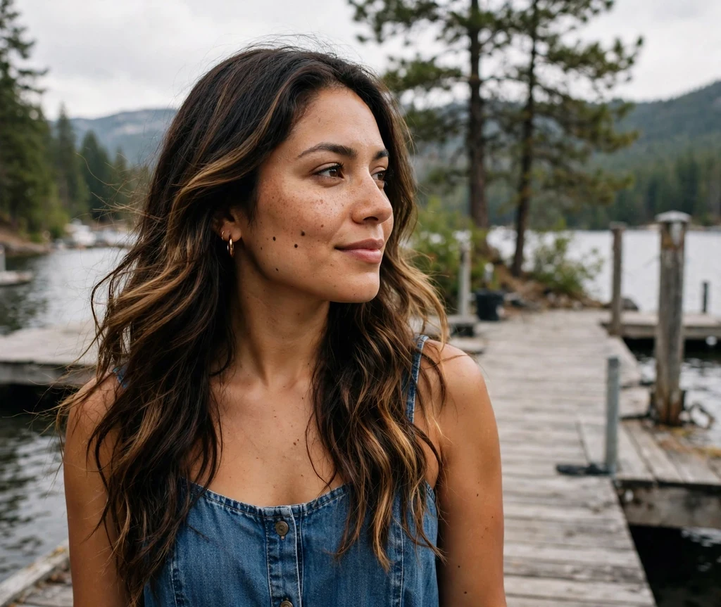 Woman with rich root melt long hair on a lakeside dock