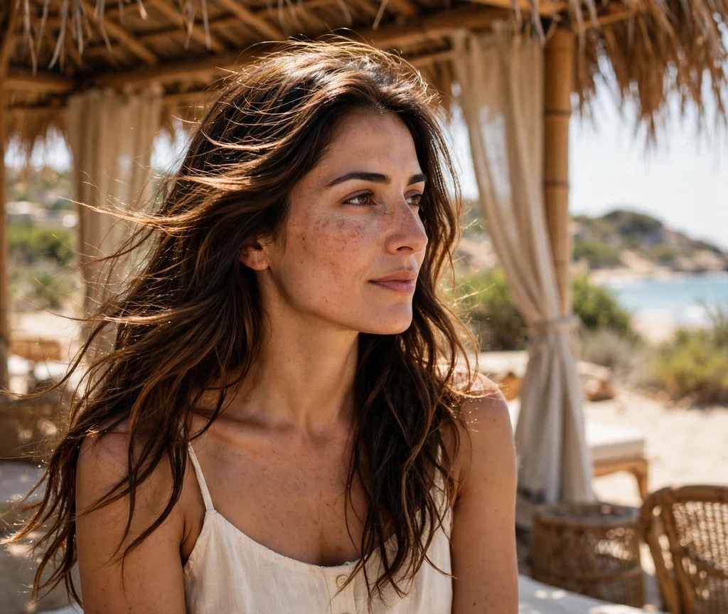 Woman with sunlit chestnut strands in long hair at a beach cabana